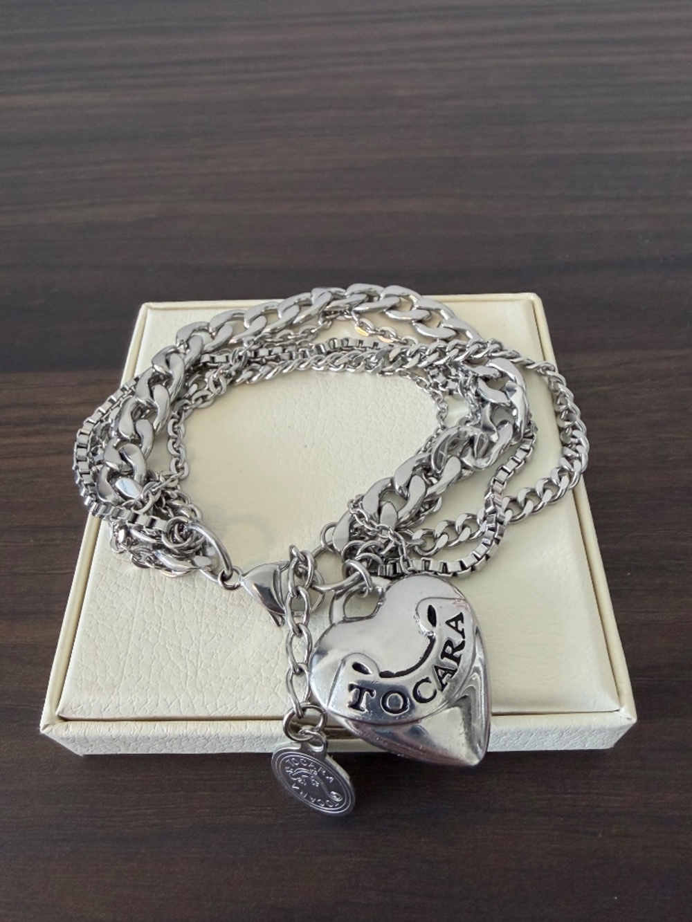 Tocara Silver Tone Link Bracelet with Heart Logo Charms 7 Inch - Picture 3 of 5